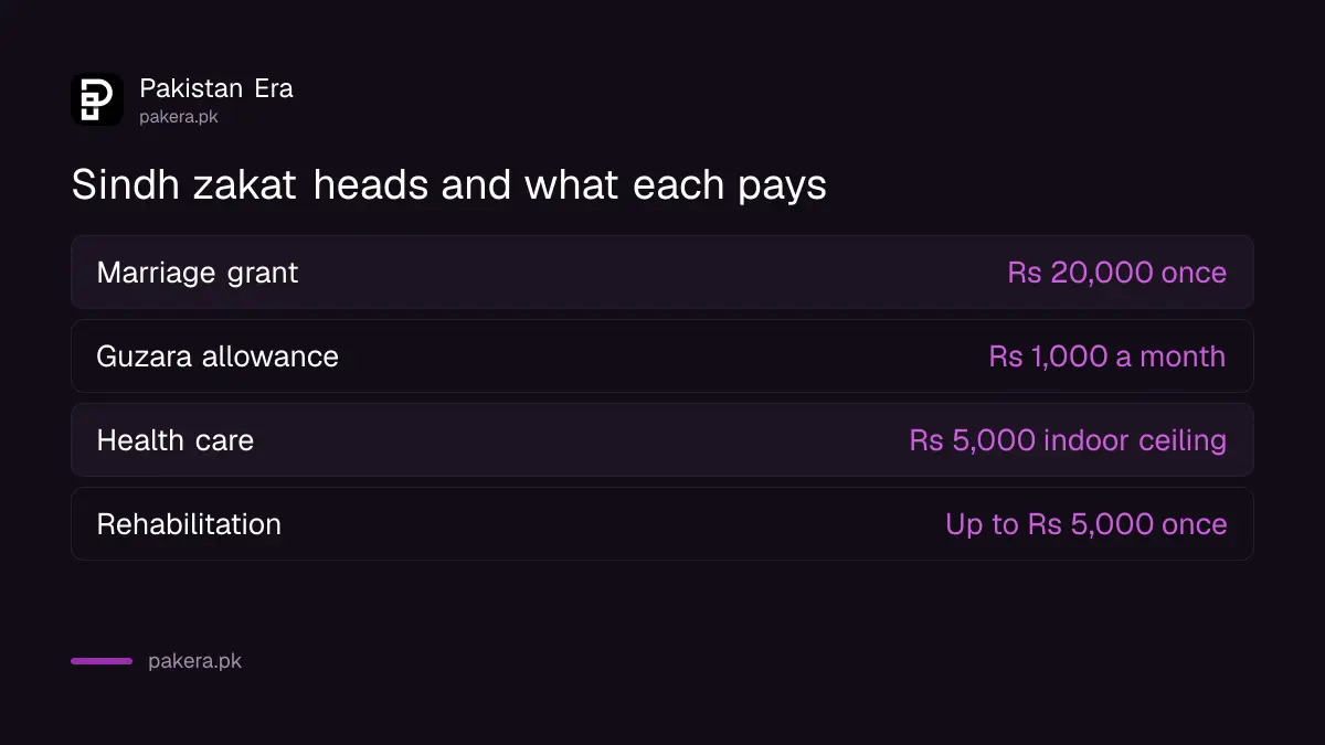 Sindh zakat heads compared: marriage grant, guzara allowance, health care and rehabilitation