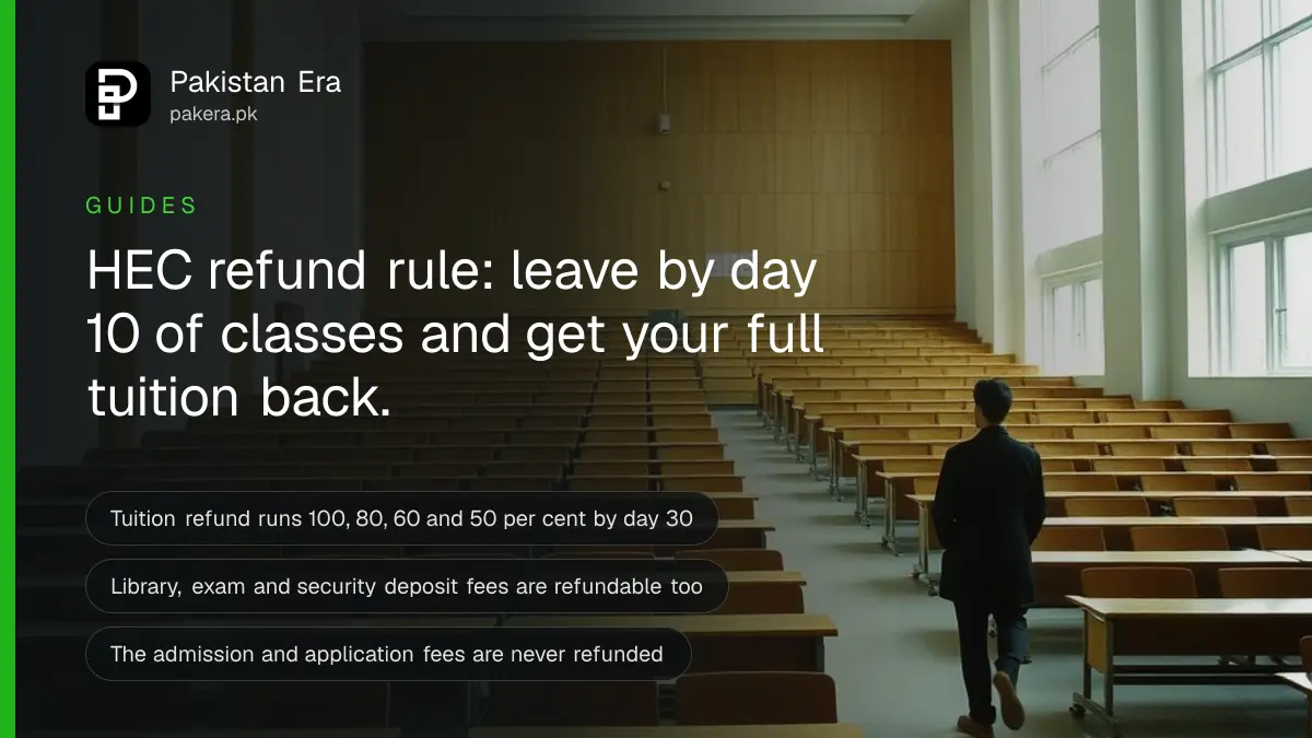 An empty university lecture hall in Lahore with rows of wooden desks and sunlight through tall windows