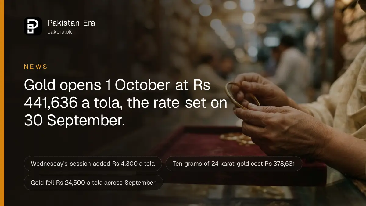 A pair of hands holding a thin gold bangle over a dark velvet tray in a jewellery shop in Lahore