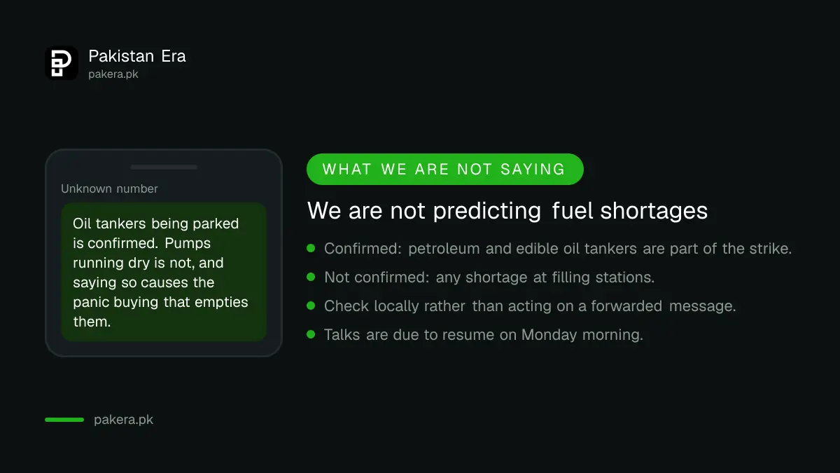 What is confirmed and what is not about fuel supply during the Pakistan transport strike