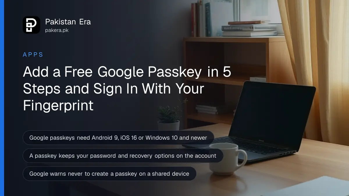 A tidy Karachi home study desk with a closed laptop, a plant and a mug by a curtained window, for a guide to setting up a Google account passkey in Pakistan