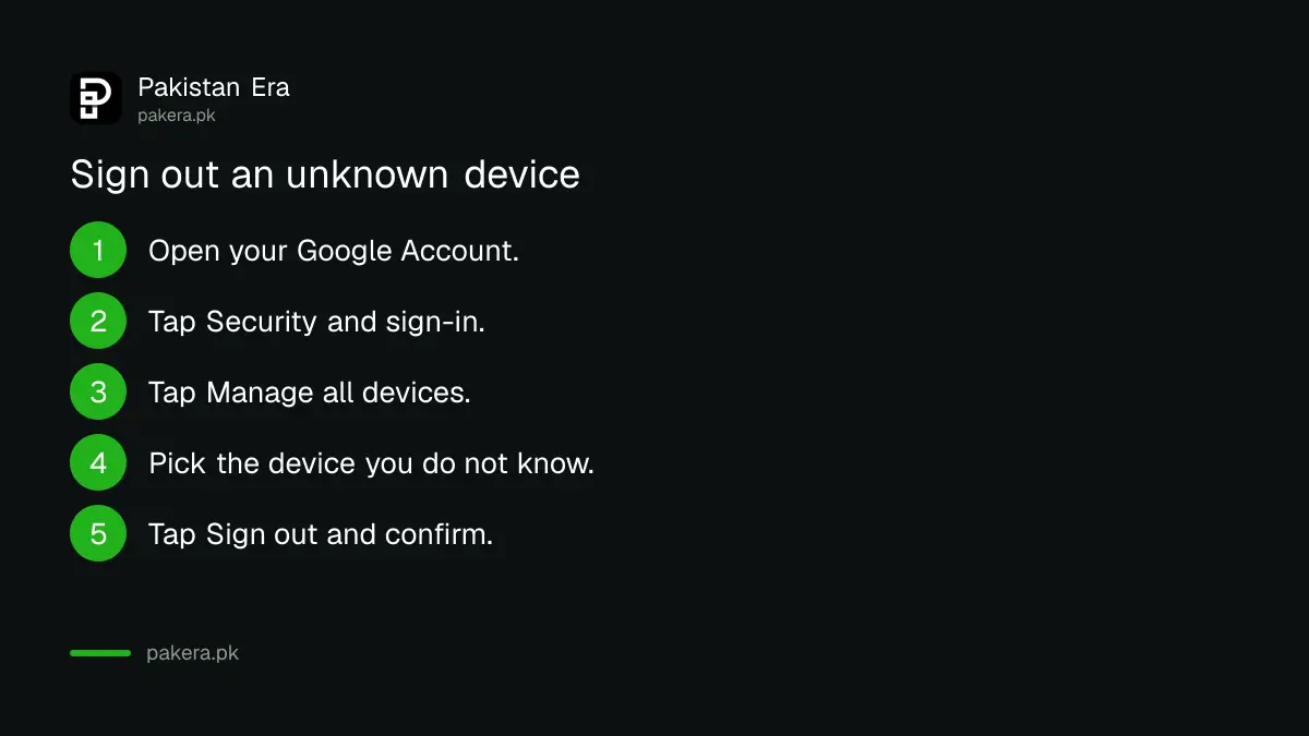 Five steps to sign out of an unknown device in a Google Account on a phone in Pakistan