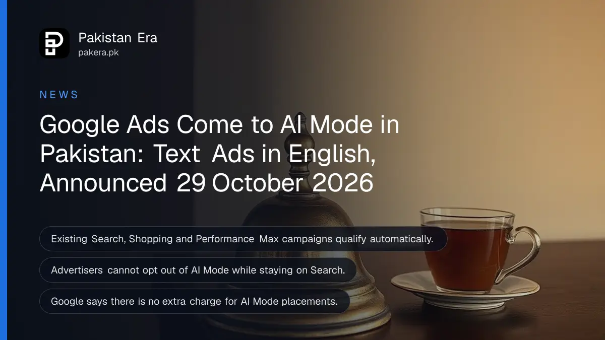A brass shop bell and a cup of tea on a counter, for Google ads in AI Mode in Pakistan