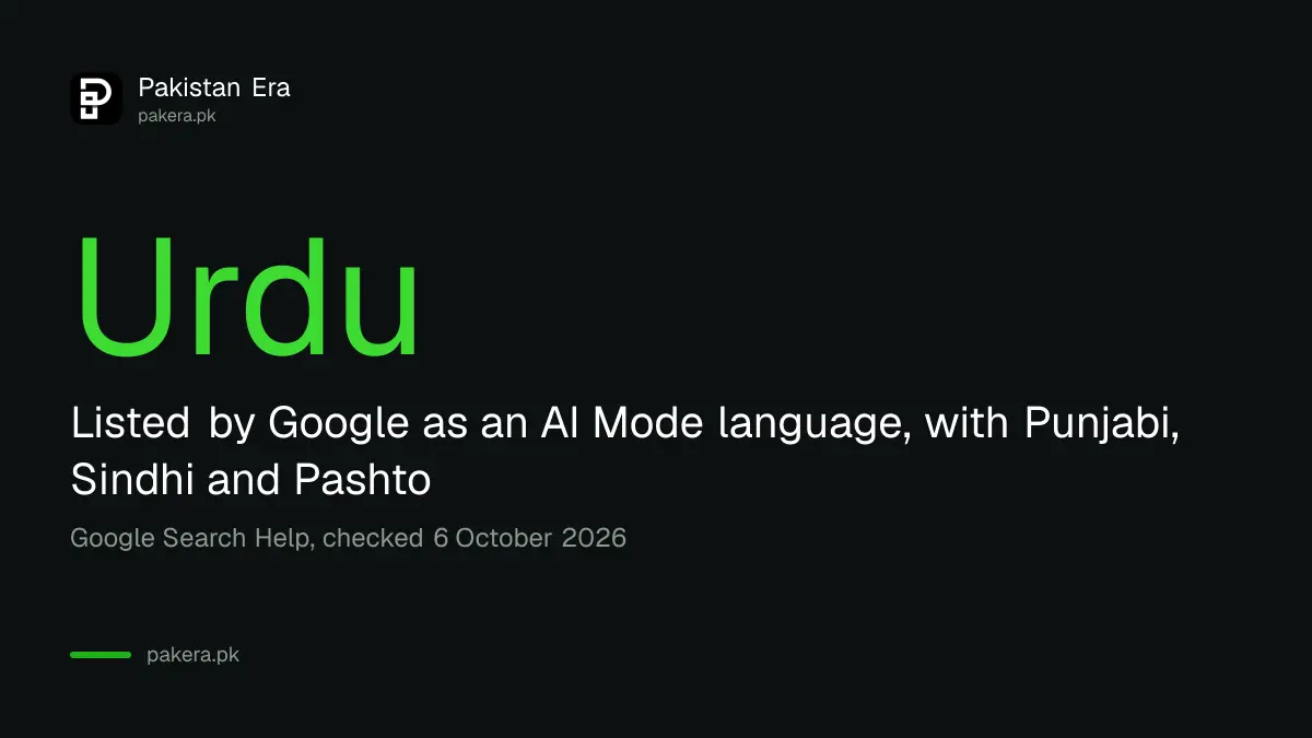Graphic showing that Google lists Pakistan as an AI Mode country and Urdu, Punjabi, Sindhi and Pashto as supported languages