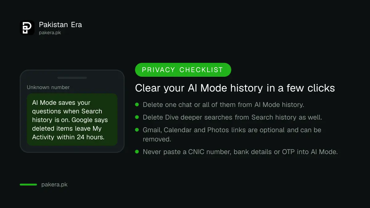 Privacy checklist for Google AI Mode covering history, deletion, connected apps and reviewer access