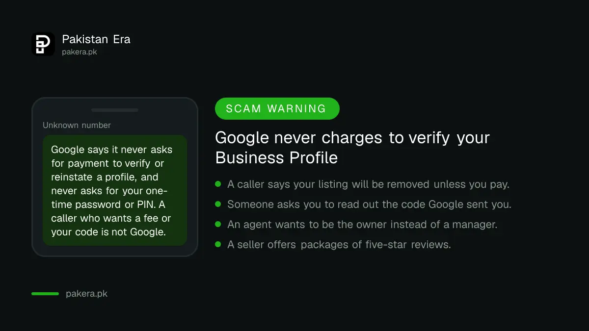 Warning card that Google never charges to verify or reinstate a Business Profile