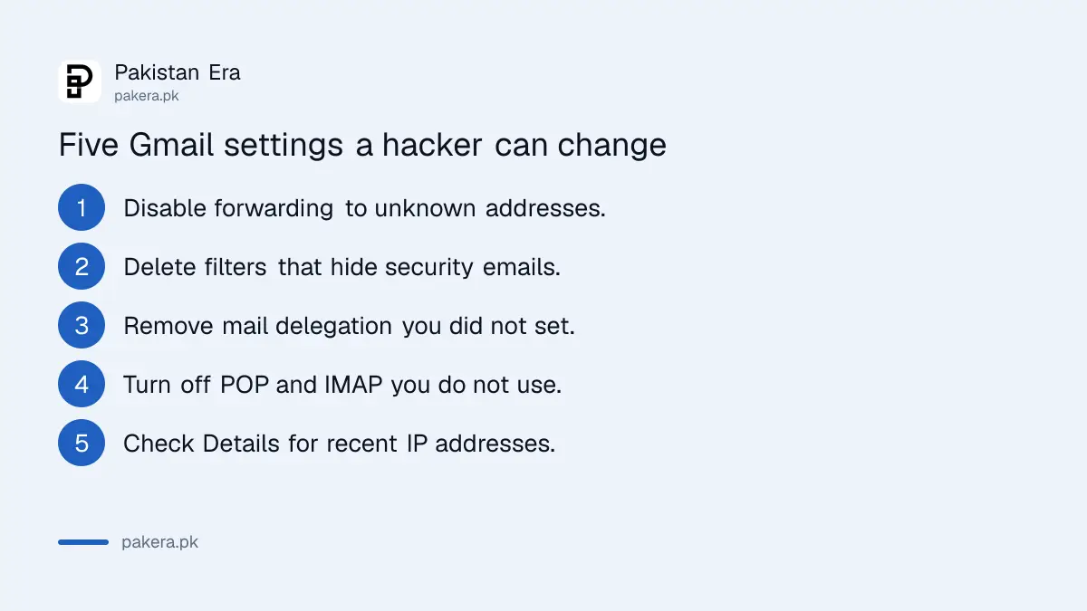 Five Gmail settings to check for signs of a hack: forwarding, filters, delegation, POP and IMAP, and recent activity