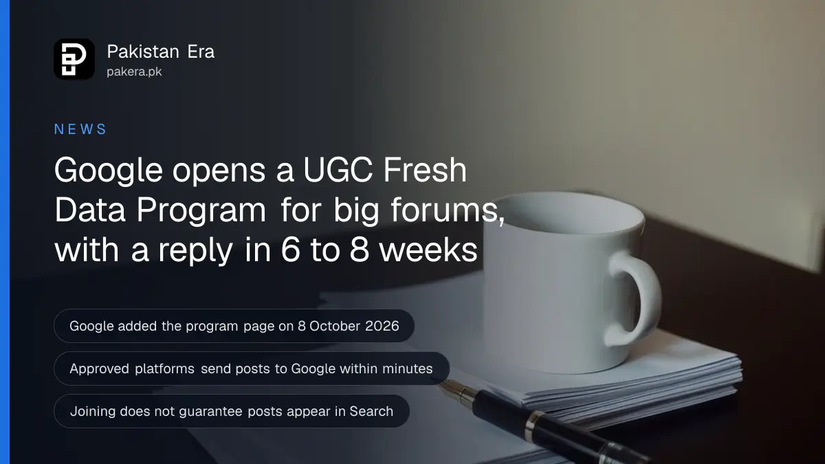 Stacked paper notes, a coffee mug and a fountain pen on a dark wooden table, for news on Google's UGC Fresh Data Program and Pakistani forums
