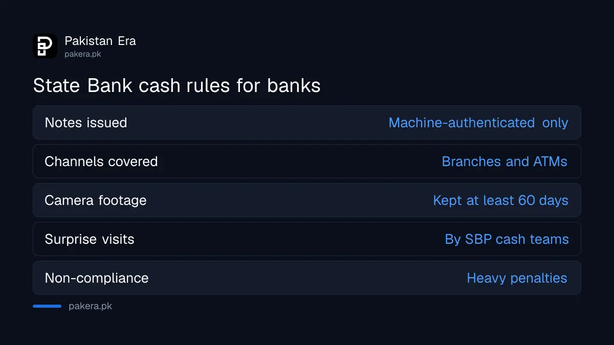 State Bank cash rules: machine-checked notes, camera footage kept 60 days