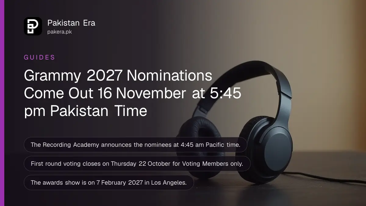 A pair of black over-ear headphones on a dark wooden table, for an article on the 2027 Grammy dates in Pakistan time