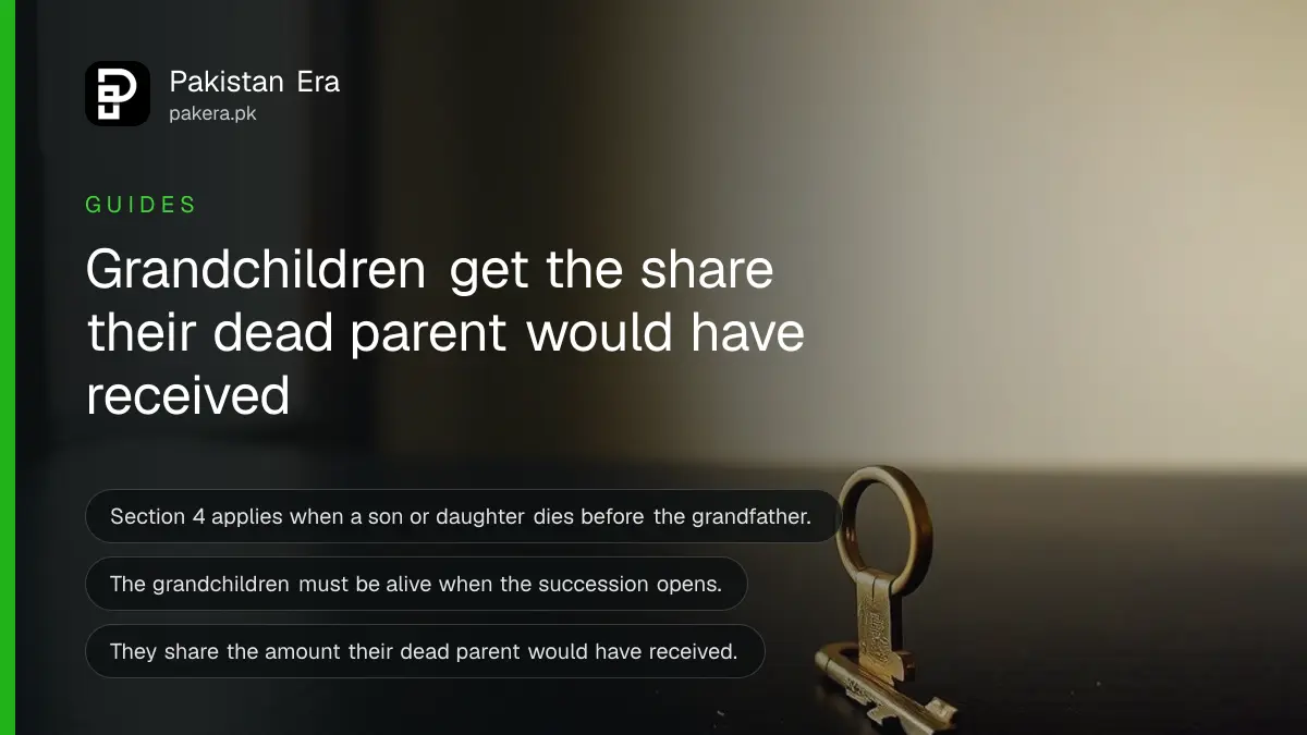 A brass key on a dark wooden table, for a guide to grandchildren's inheritance when a parent died first in Pakistan