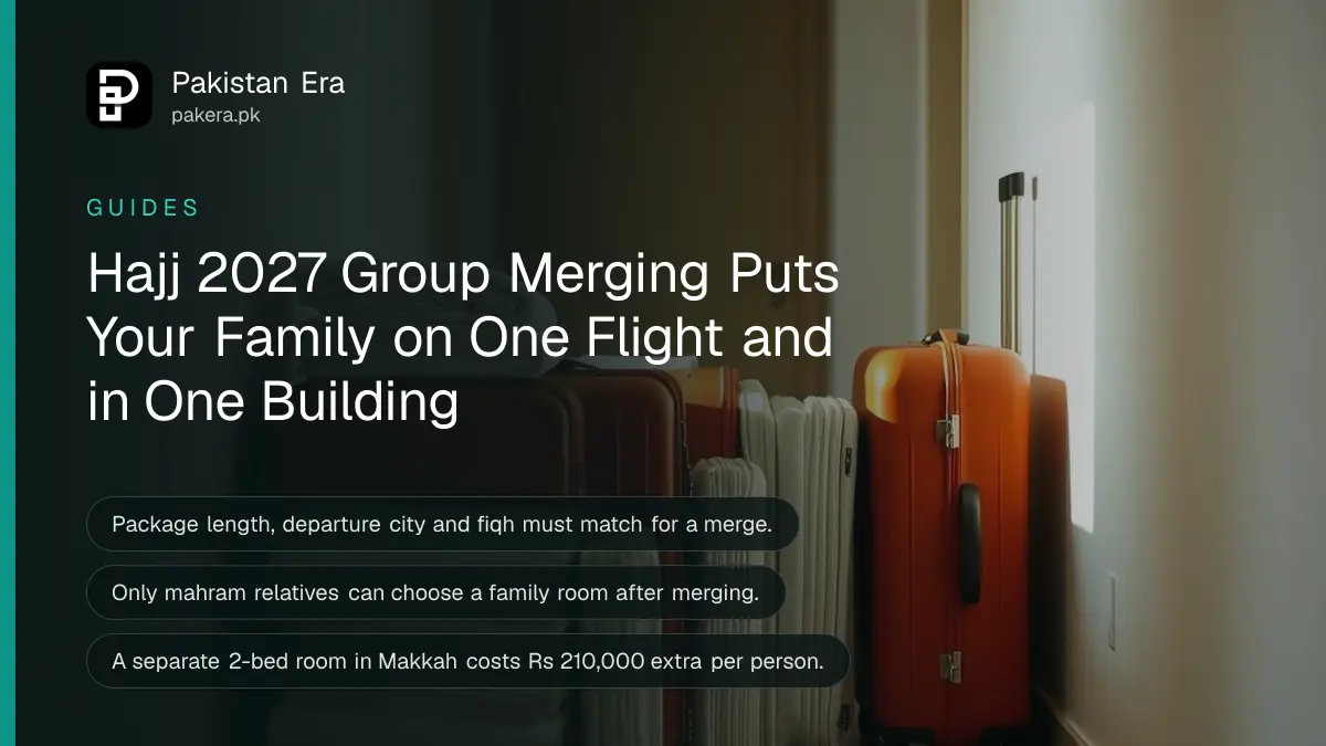 Several matching travel suitcases and folded white prayer mats lined up together in a bright hallway