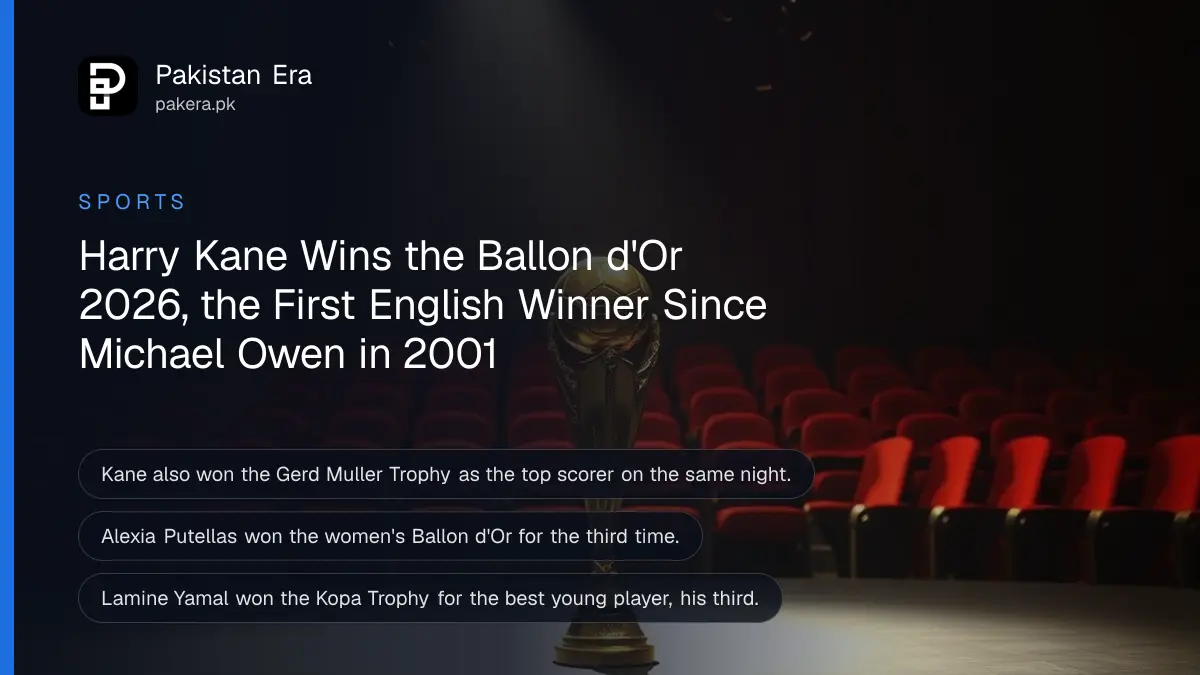 A golden football trophy on a dark theatre stage with gold confetti falling under a spotlight