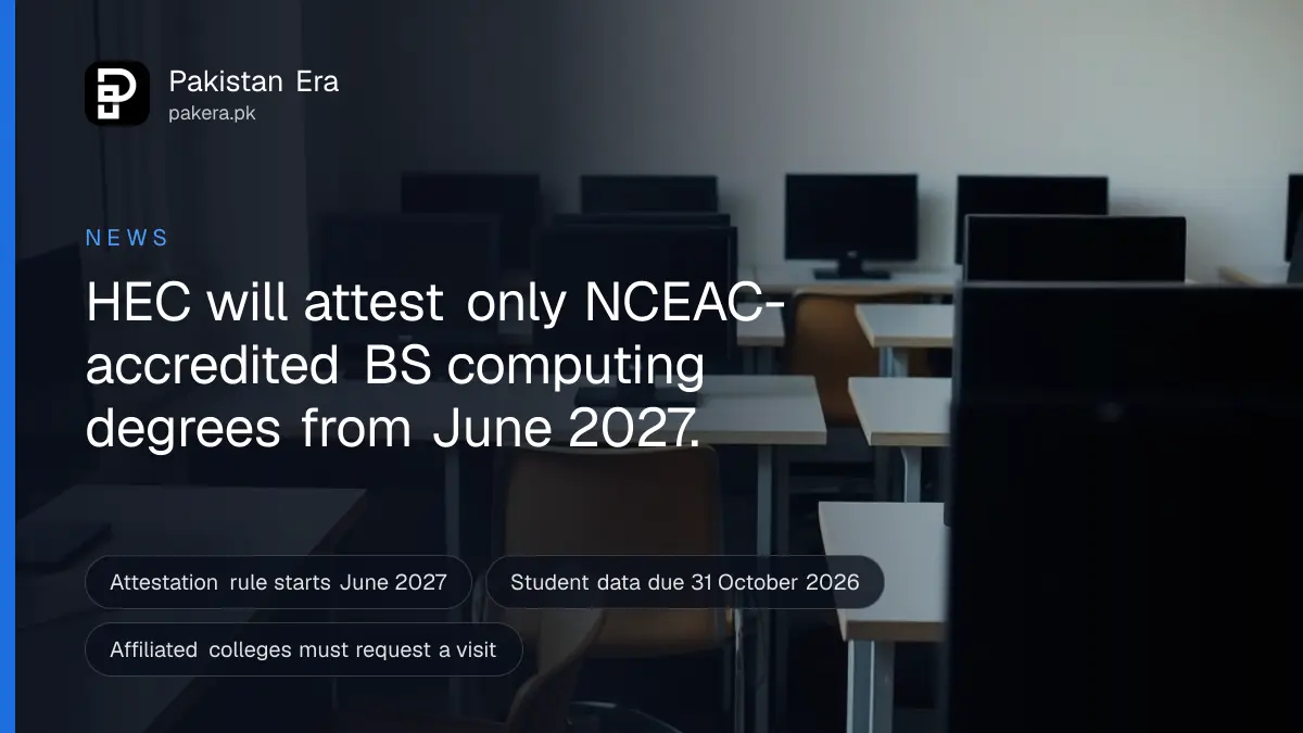 Quiet university computer lab in Pakistan with empty desks and monitors, for the HEC rule on accredited computing degrees