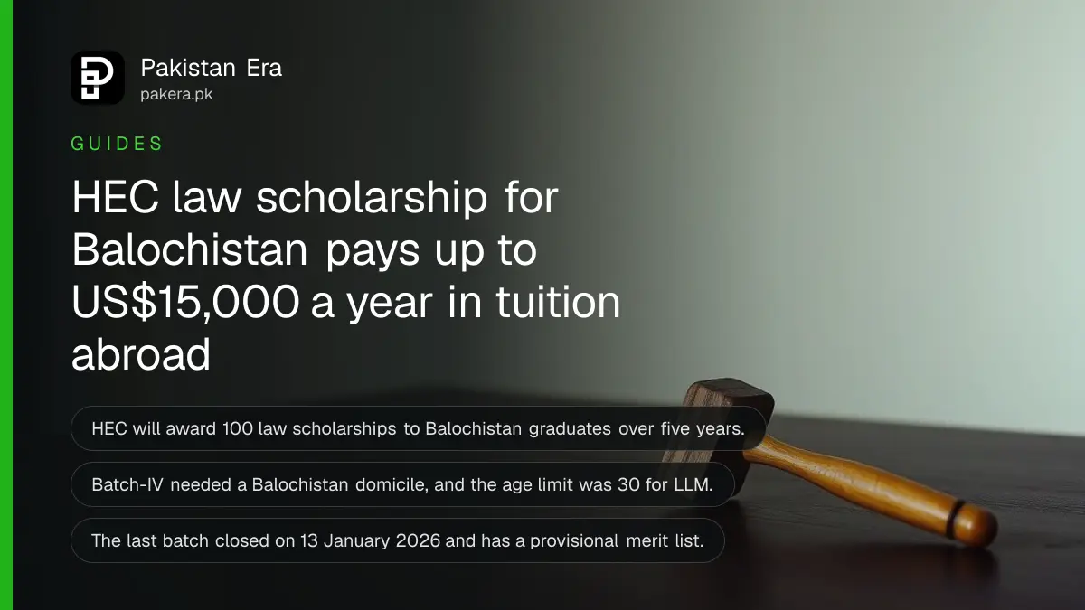 A wooden gavel on a dark wooden table, for a guide to the HEC law graduates scholarship for Balochistan