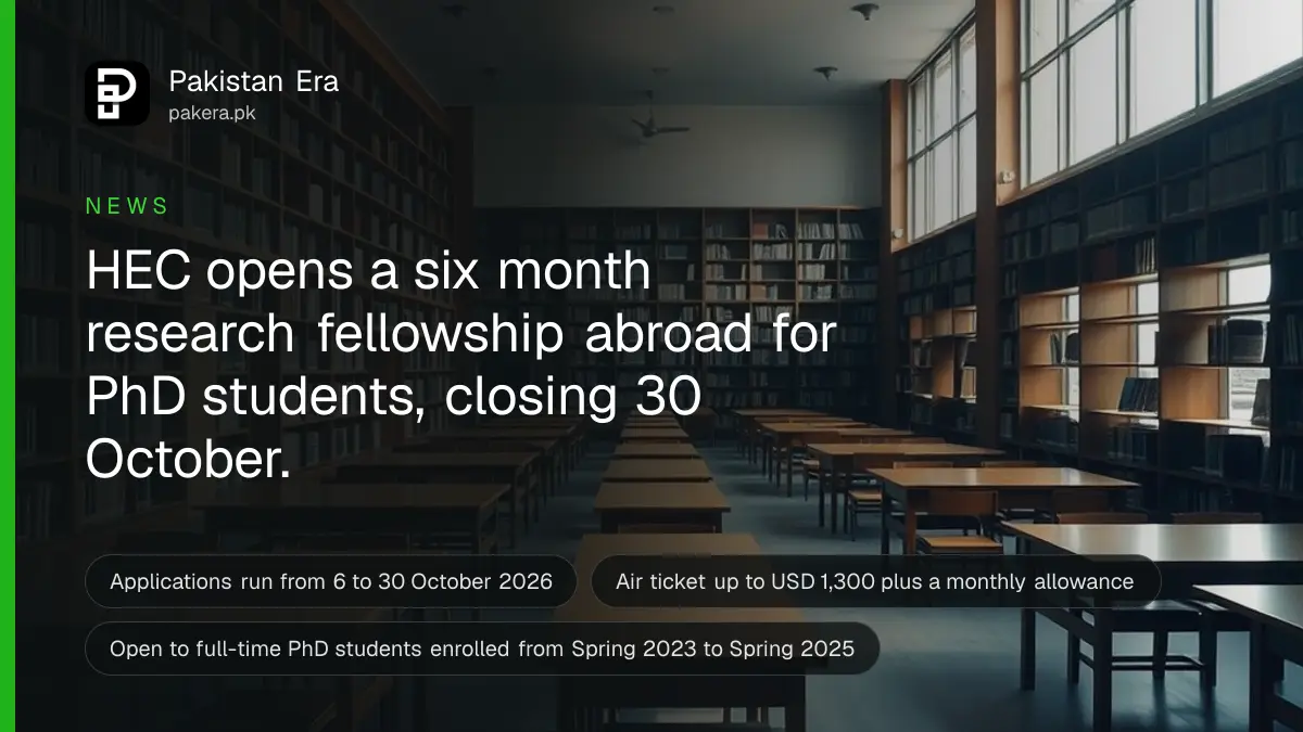 A quiet university library reading room in Islamabad with long wooden tables and rows of bookshelves in soft daylight