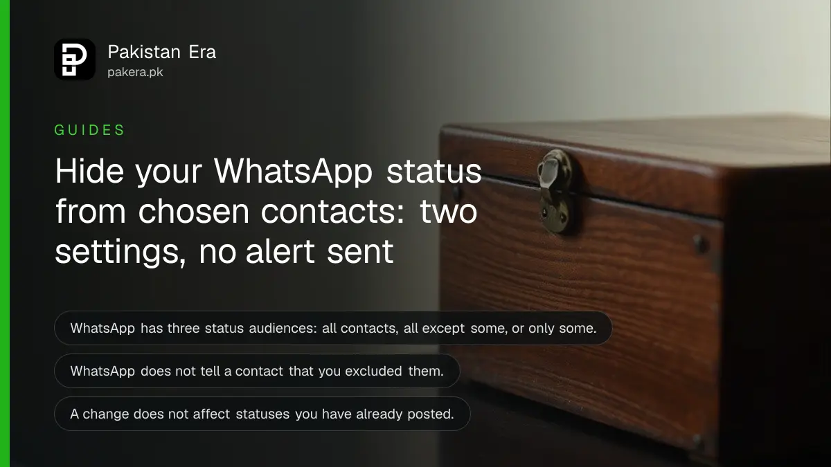 A closed wooden box on a dark wooden table, for a guide on WhatsApp status privacy in Pakistan