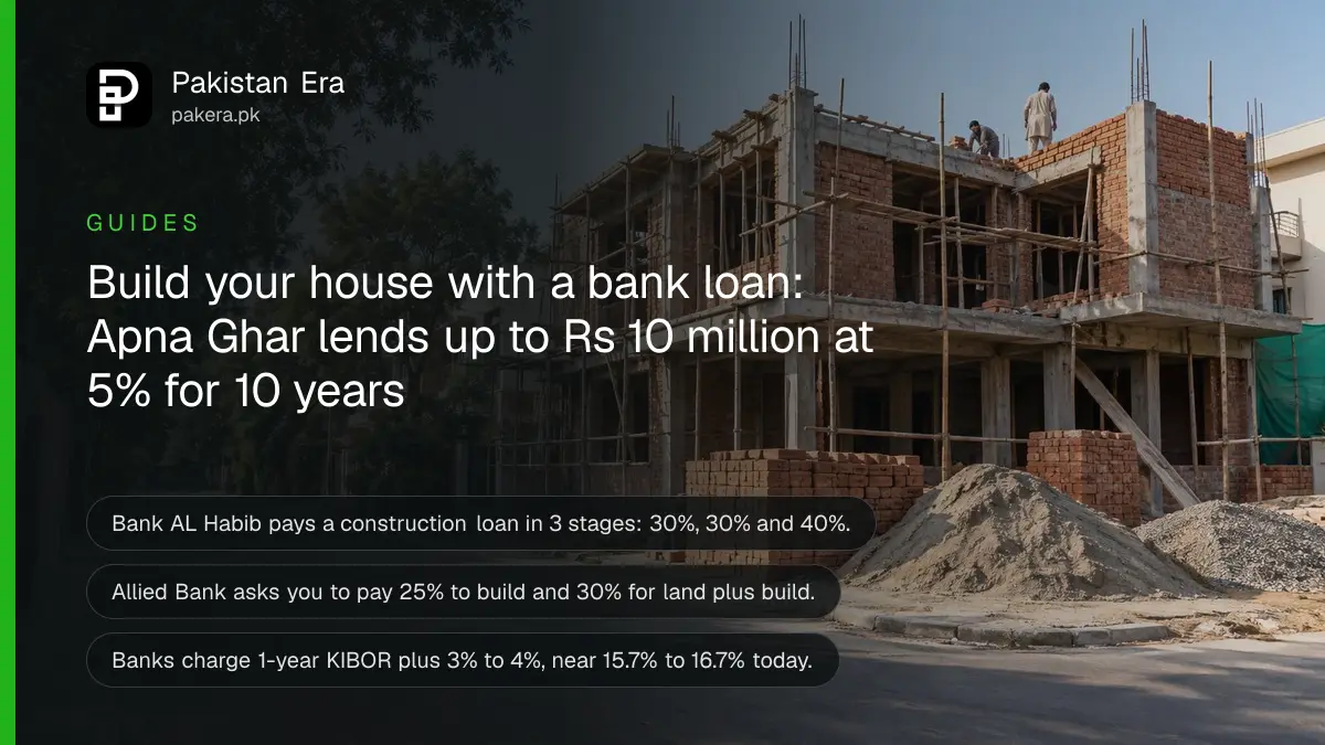 A brick house under construction on a residential plot in Lahore with workers out of focus on the upper floor