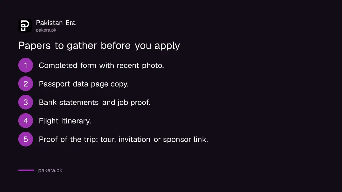 Documents for a Hong Kong visit visa from Pakistan: form, passport copy, bank proof, itinerary and proof of the trip
