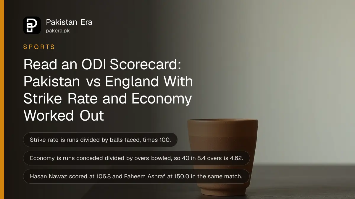 A clay cup on a dark wooden table, for learning to read a cricket scorecard