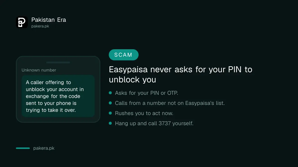 Warning that Easypaisa never asks for your PIN or OTP to unblock an account