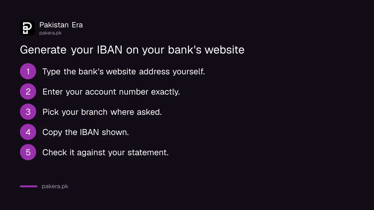Five steps to generate and check an IBAN on a Pakistani bank's website