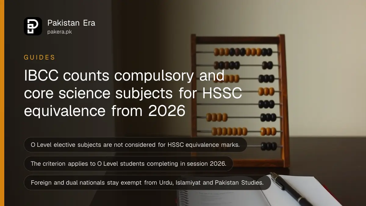 An abacus and a closed notebook on a dark wooden table, for a guide on IBCC HSSC equivalence subjects