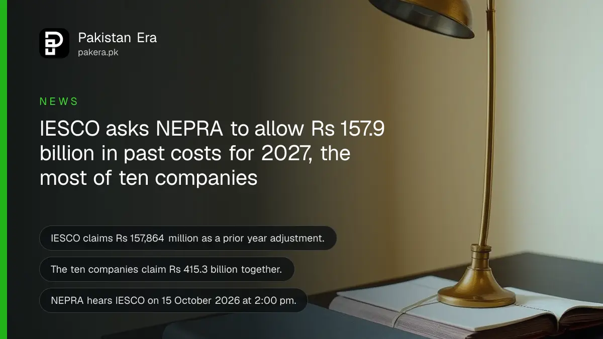 A brass desk lamp beside a closed ledger on a dark wooden table, for a story on power company cost claims in Pakistan