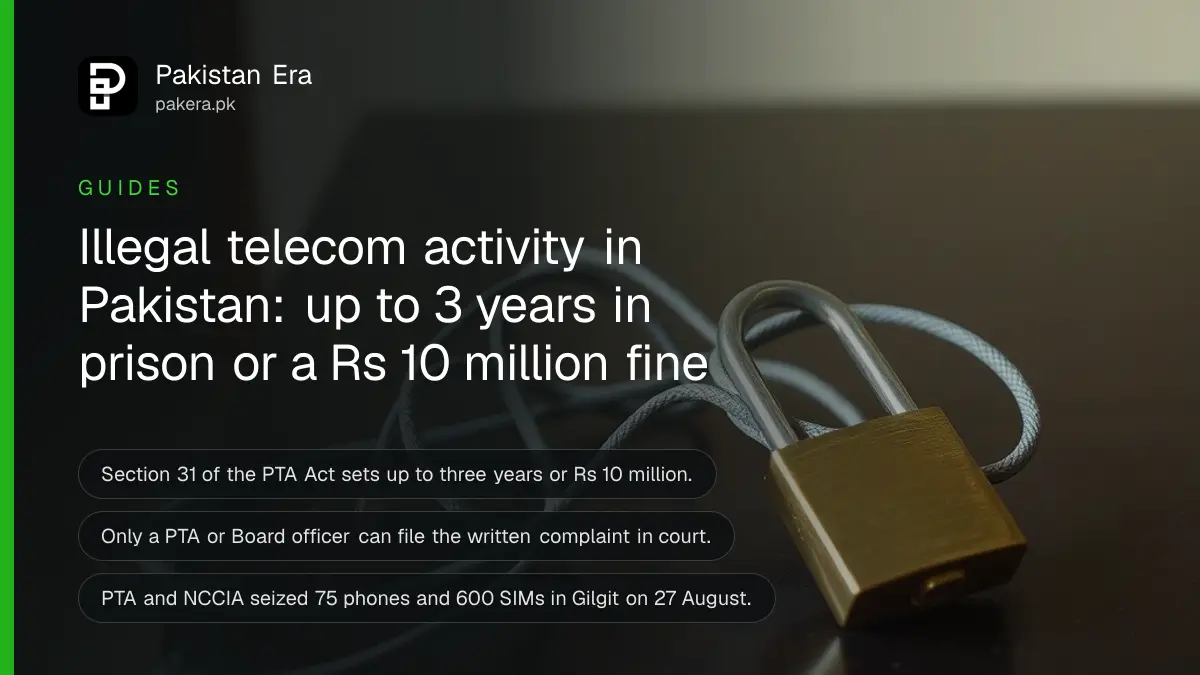 A tangled grey cable and a brass padlock on a dark wooden table, for a guide to telecom offences in Pakistan