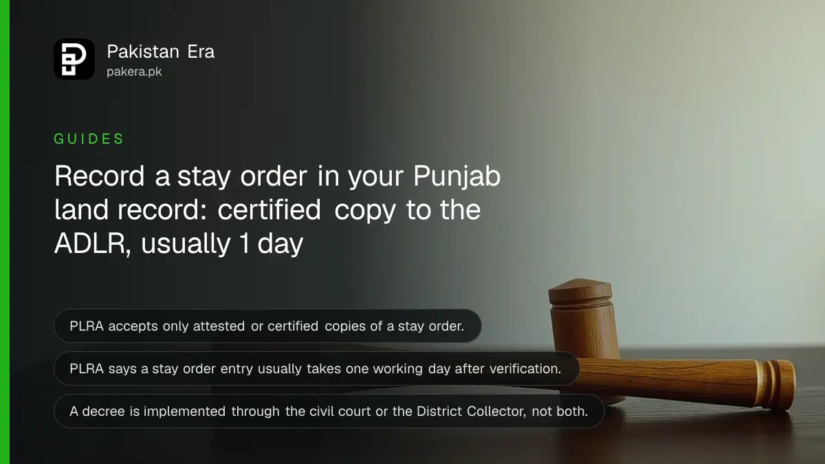 A wooden gavel on a dark wooden table, for a guide to recording a court order in a Punjab land record