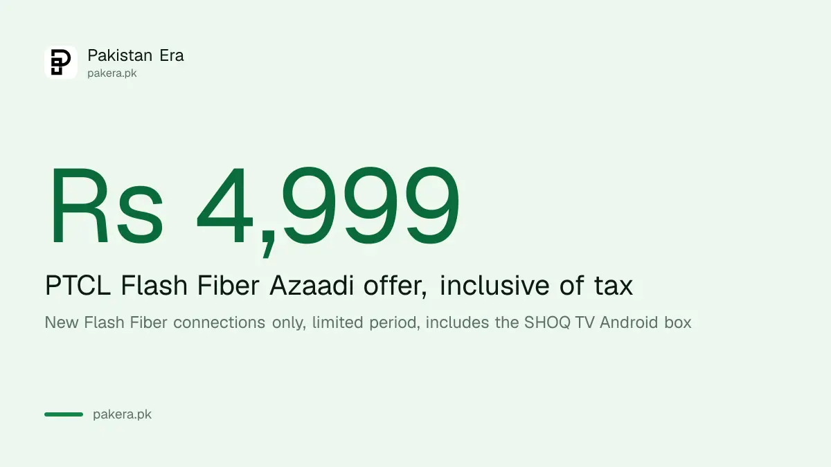 PTCL Flash Fiber Azaadi offer 2026 priced at Rs 4,999 inclusive of tax