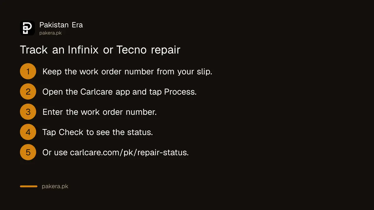Steps to track an Infinix or Tecno repair with the Carlcare app in Pakistan