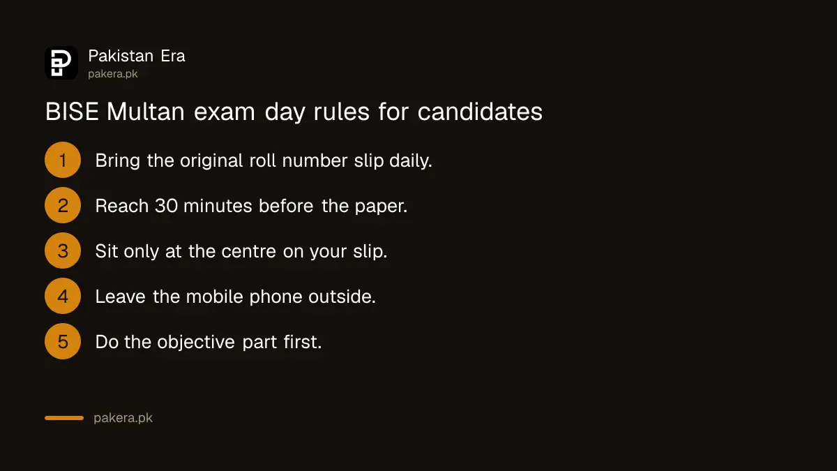 BISE Multan exam day rules for inter 2nd annual 2026, reach 30 minutes early with original slip