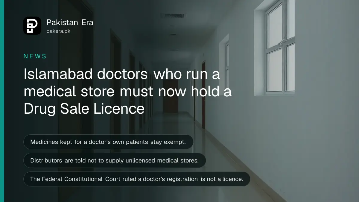 A clean empty clinic corridor in Islamabad with white walls, a row of plain wooden doors and a polished floor, soft daylight from a window at the end