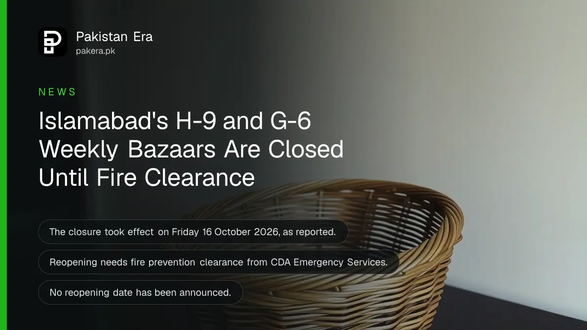 An empty woven wicker basket on a dark wooden table, for the closure of Islamabad's weekly bazaars over fire safety