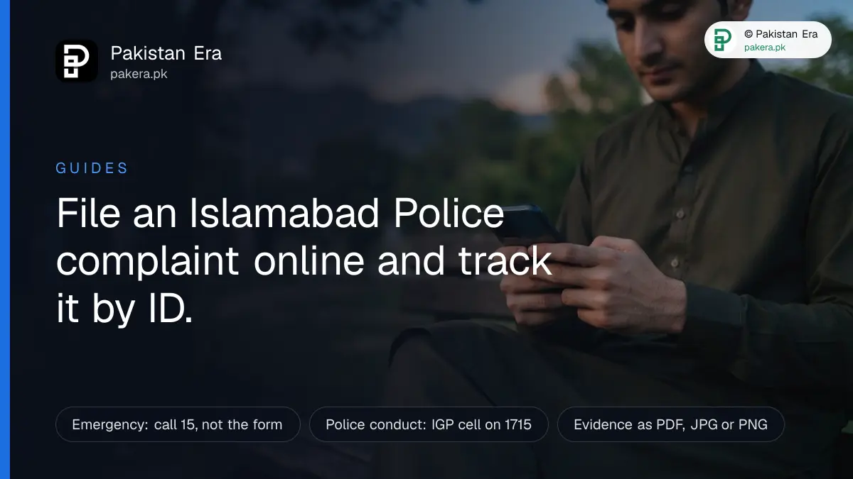 A person typing a complaint on a smartphone in an Islamabad park, with the Margalla Hills behind