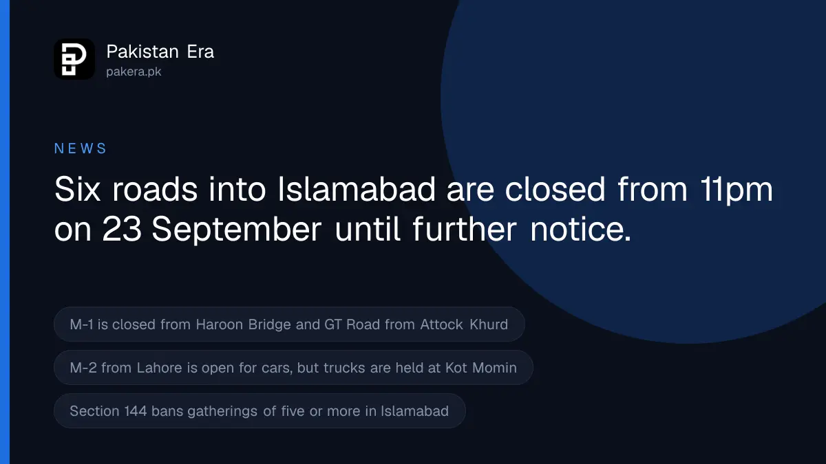 Roads closed around Islamabad from 23 September 2026, including the M-1, M-14 and GT Road