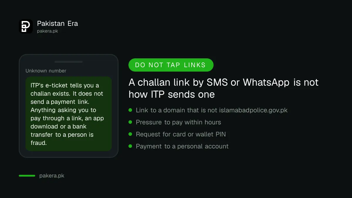 Fake e-challan messages compared with a real Islamabad e-ticket
