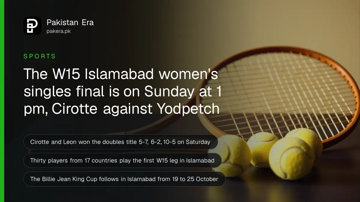 Three yellow tennis balls beside a plain wooden racket handle on a dark wooden table under soft light, representing the W15 women's tennis final in Islamabad