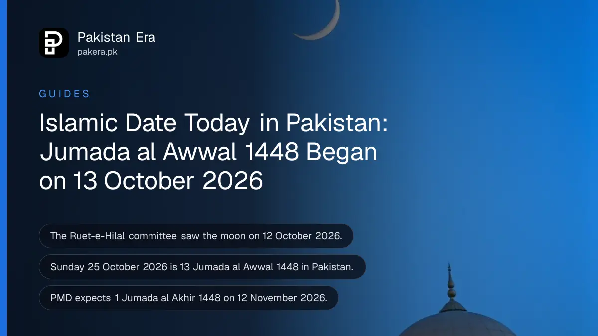 A thin crescent moon in a deep blue evening sky above a quiet mosque dome and minaret seen from far away