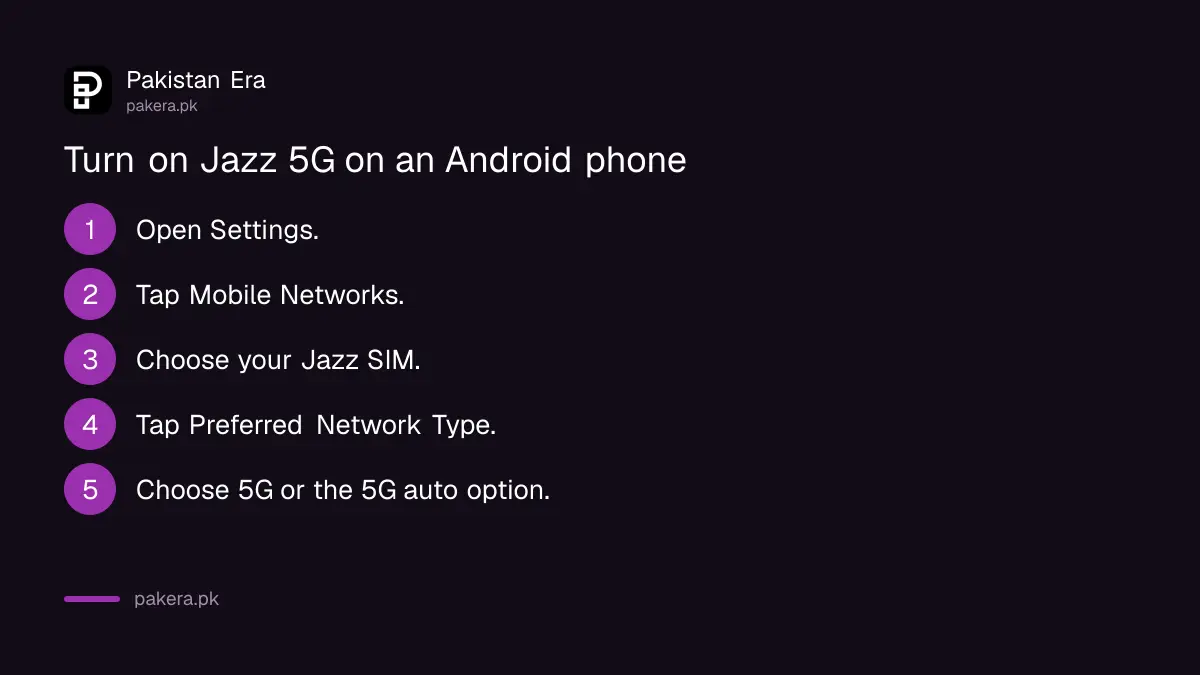 Steps to turn on Jazz 5G on an Android phone in Pakistan through Settings and Preferred Network Type