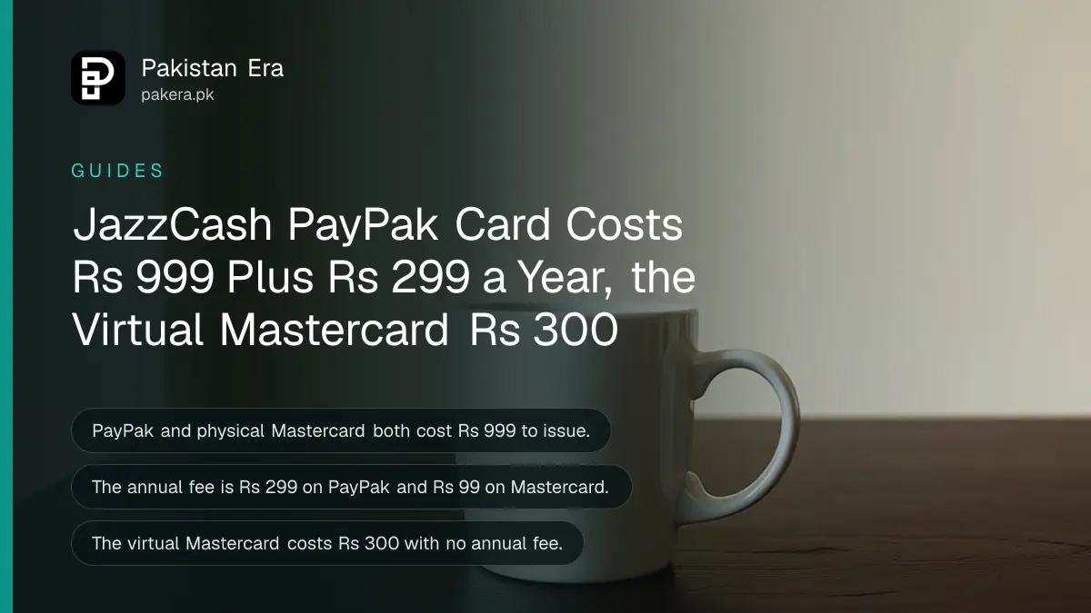 A plain white mug on a dark wooden table, for an article on JazzCash debit card fees