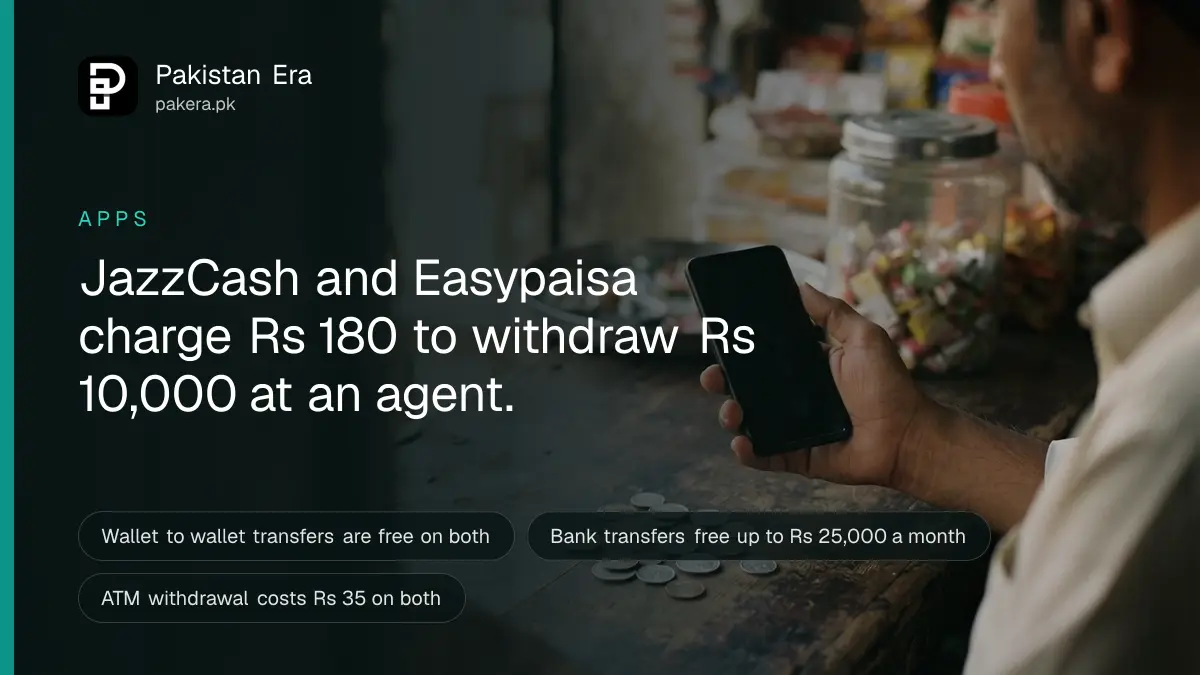 A hand holding a phone with a dark screen above a small shop counter with a few coins