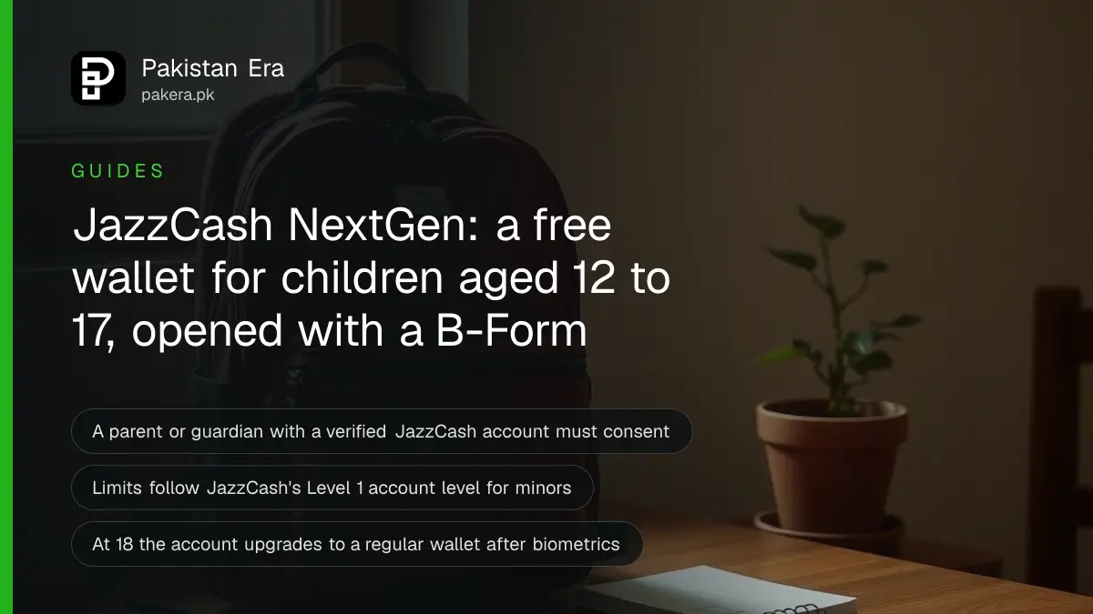 A school backpack and pencil case on a wooden study desk by a window in a Rawalpindi home, for a guide to the JazzCash NextGen account for teenagers