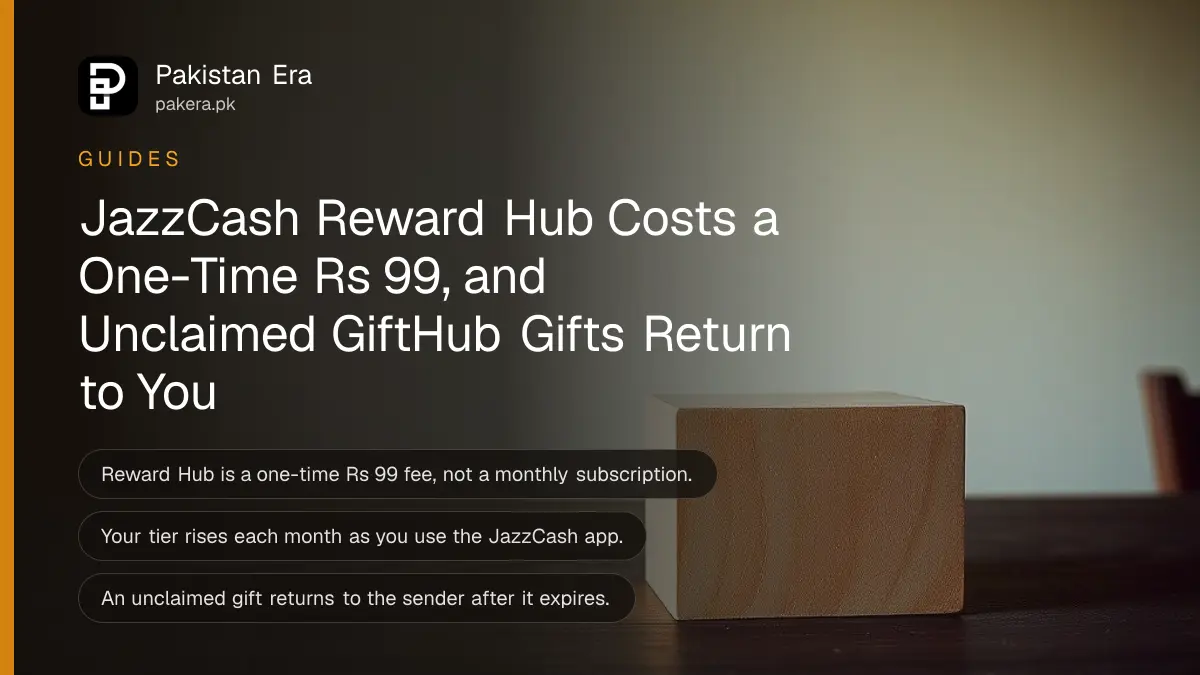 A plain wooden block on a dark wooden table, for an article on the JazzCash Reward Hub and GiftHub