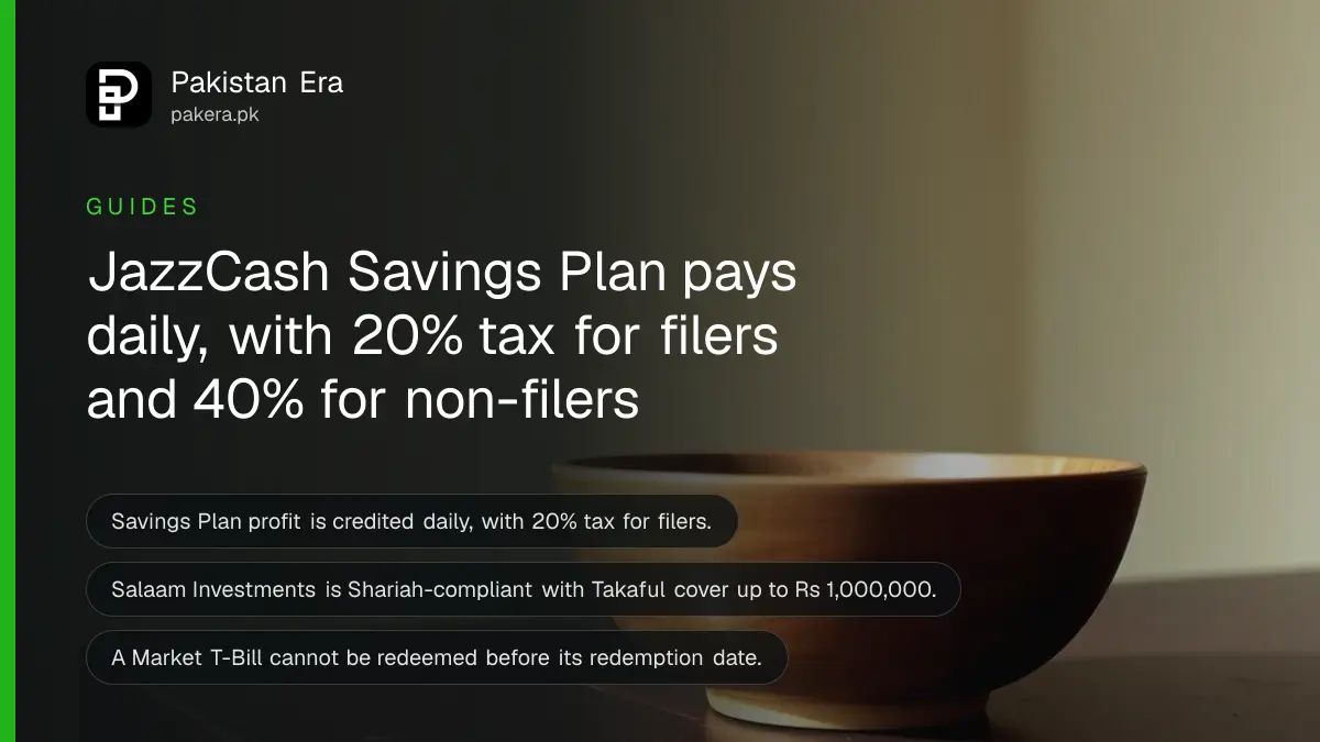 A wooden bowl on a dark wooden table, for an article comparing JazzCash savings and investment products