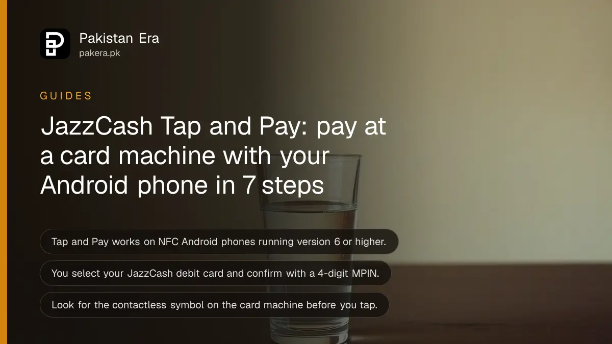 A glass of water on a dark wooden table, for an article on setting up JazzCash Tap and Pay