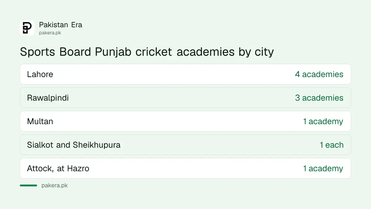 Number of Sports Board Punjab cricket academies in each city in Punjab