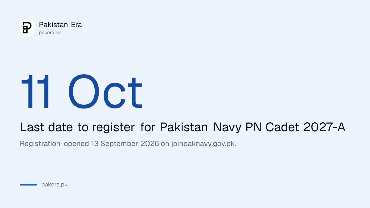 Last date to register for Pakistan Navy PN Cadet 2027-A is 11 October 2026