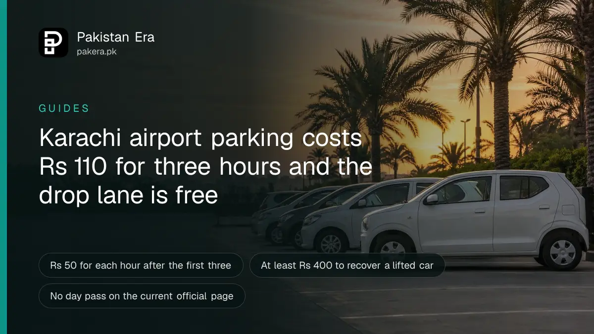 A row of parked cars seen side-on under a pale evening sky in an open-air car park in Karachi, with palm trees along the edge